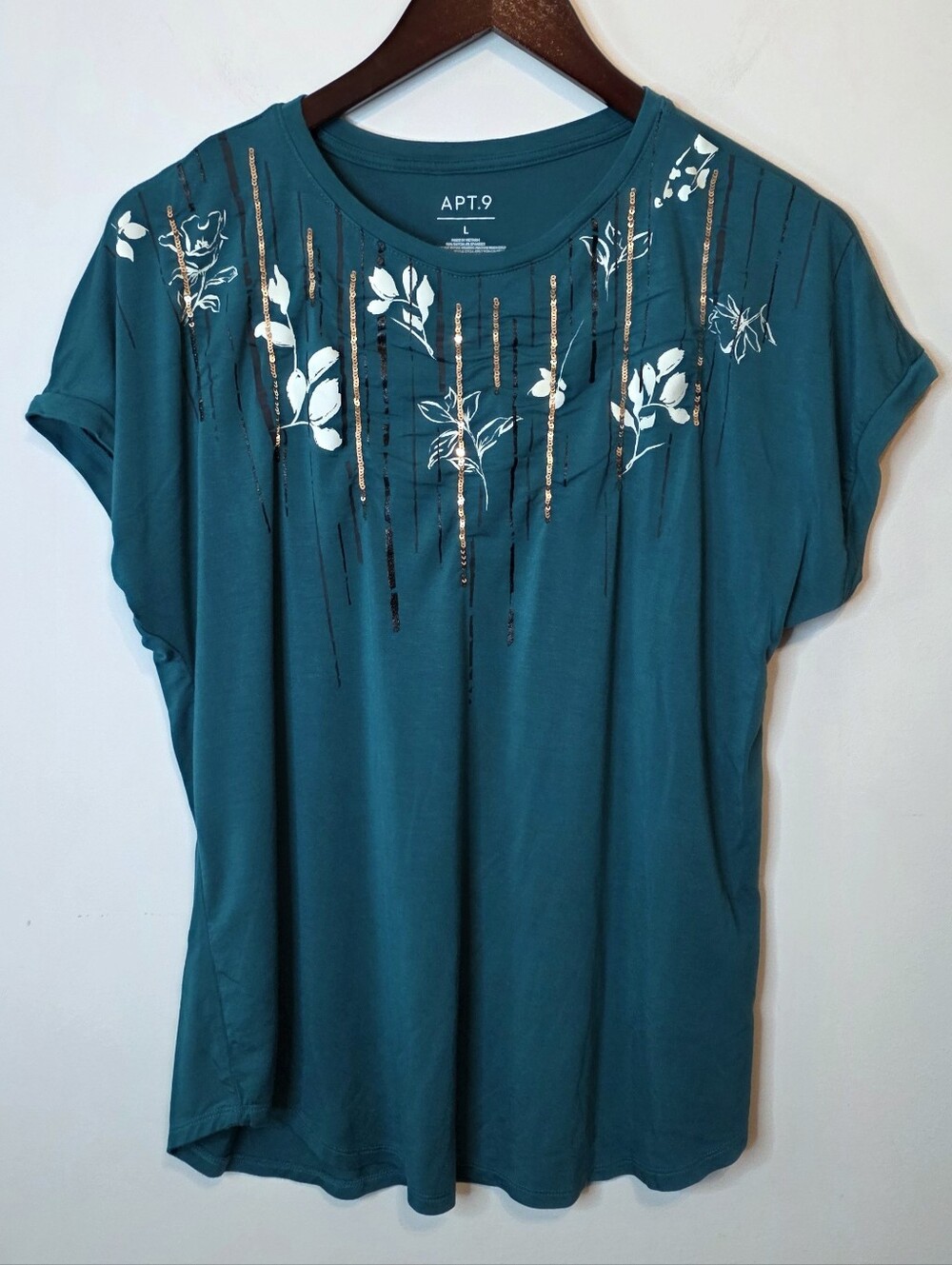 Apt. 9 Dark Teal Embellished Sequin Floral Top Size Large Garden Boho Artst